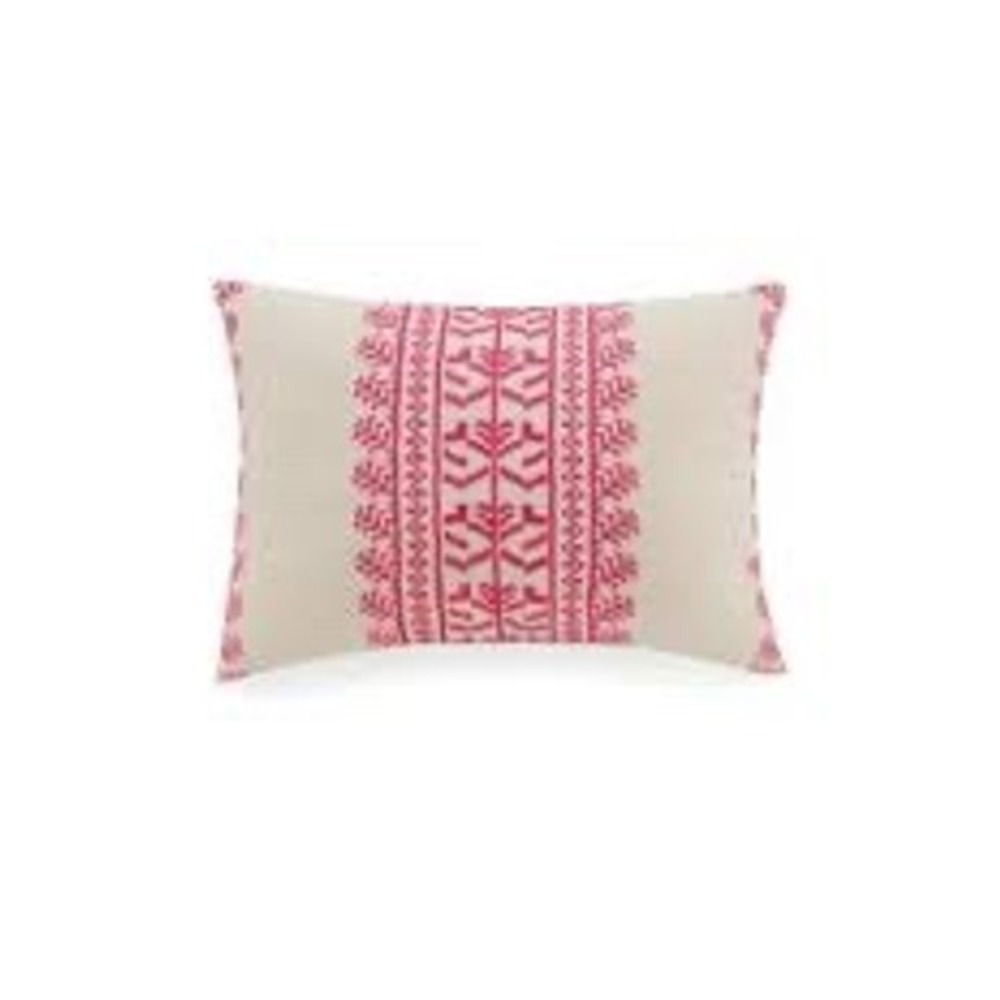 Vera Bradley tan‎ linen blend throw pillow with hot pink embroidery 19" x 13.5"